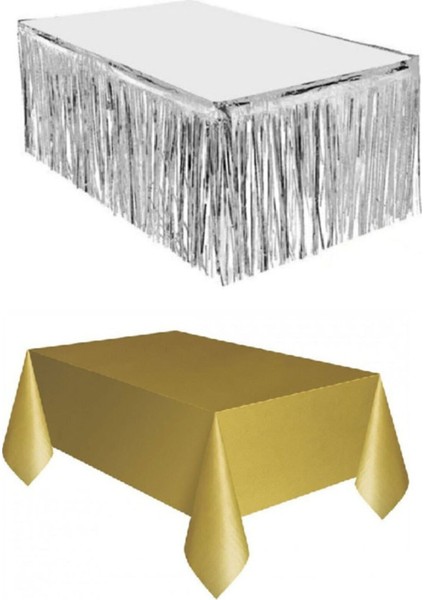 Gümüş Metalize Masa Etegi + Plastik Gold Masa Örtüsü