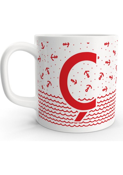 Ç Harfi Denizci Kırmızı Çapa Tasarım Harfli Kupa Bardak