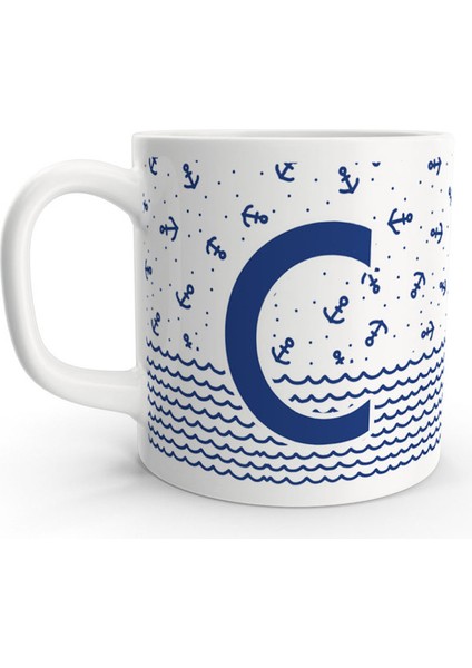 C Harfi Denizci Mavi Çapa Sailor Tasarım Renkli Harfli Kupa Bardak