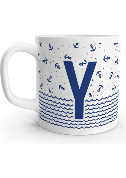 Y Harfi Denizci Mavi Çapa Sailor Tasarım Renkli Harfli Kupa Bardak