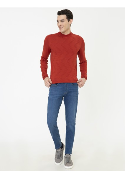 Erkek Kiremit Slim Fit Çeyrek Yaka Triko Kazak 50241453-VR031