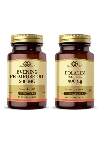 Evening Primrose 500 Mg 30 Kapsül+Solgar Folic Acid 400 Mcg 100 Tablet