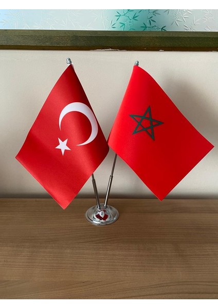 Fas Masa Bayrağı Krom Direkli Ikili Bayrak