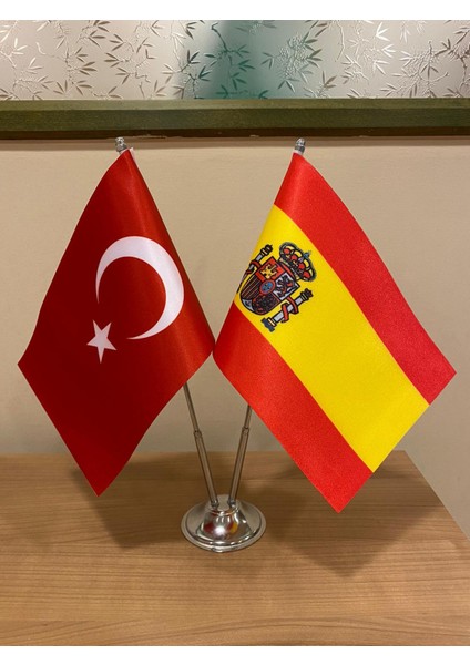 Ispanya Masa Bayrağı Krom Direkli Ikili Bayrak