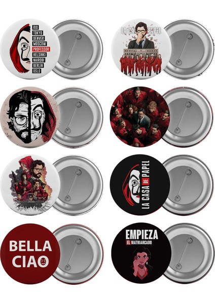 La Casa De Papel Çanta Rozeti Seti 8 Adet En Büyük Boy 5.8cm Iğneli Broş