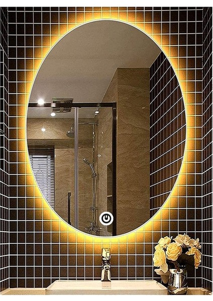 55X75 cm Dokunmatik Tuşlu Elips Ledli Ayna Banyo Aynası Dekoratif Ayna Boy Ayna Salon Duvar Ayna