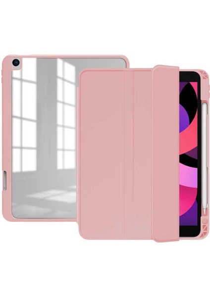 Coverzone Apple iPad 10.2 (2021) Uyumlu 9.nesil Smart Cover Kılıf Nort Arkası Şeffaf Standlı Pembe