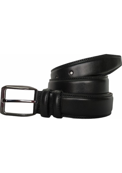 %100 Hakiki Deri Siyah Dikişli Klasik Pantolon Kemeri, 3.5 cm