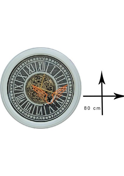 Yuvarlak Roma Rakamlı Beyazoksit Çarklı Metal Duvar Saati