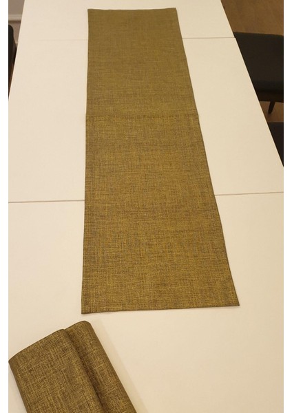 Linen Baskılı Pamuk/Keten Haki Runner 40*140 cm - 948
