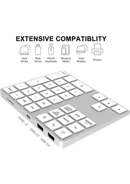 Shuai Yan Kablosuz Numaralı Klavye 34 Tuşlu Sayısal Tuş Takımı+Usb Tip-C Hub Bluetooth Sayısal Tuş Takımı,şarj Edilebilir Kablosuz Pad (Yurt Dışından)