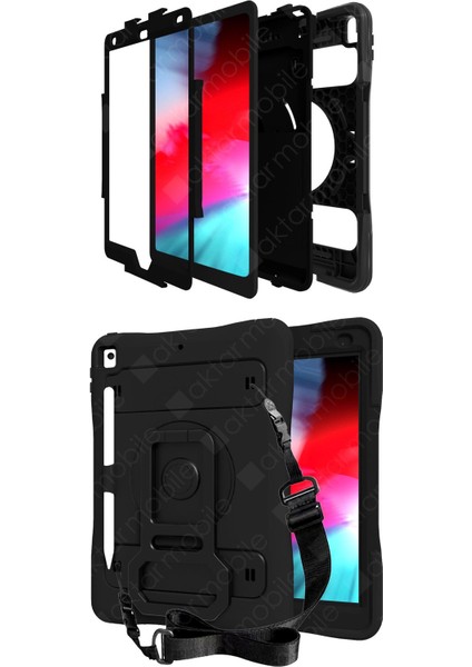 Apple iPad 9. Nesil 2021 10.2" Uyumlu Kılıf Kalem ve Airtag Bölmeli Ultra Üstün Koruma Standlı Defender