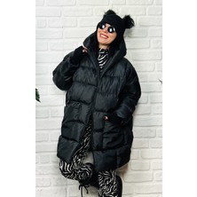 Butik Ponçik Siyah Kapüşonlu Yarasa Kol Oversize Şişme Mont