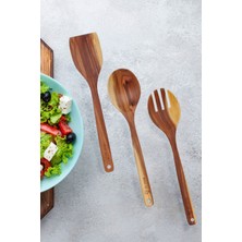 Öz Ahşap Erik Ağacı Tahta kaşık El Yapımı  3 Parça 28 cm Salata Seti , Çatal , Kaşık , Spatula