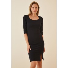 Badela Butik Kadın Siyah Kare Yaka Mini Kaşkorse Elbise