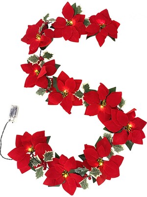 Noel 2 M Poinsettia Çiçek Garland LED Işık Çiçek Süs Çiçek Band