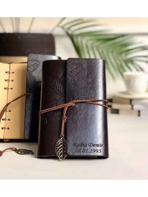 Mobgift Kişiye Özel Yaprak Tasarımlı Retro Deri Defter  Kalem  Koyu Kahverengi