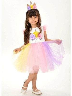 Unicorn Taçlı Rengarenk Kız Çocuk Parti Elbisesi