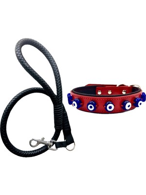 Desingshop Siyah Deri Örgü Gezdirme Kayışı 90CM ve Hakiki Deri Nazar Boncuklu Köpek Tasması 56X2,5CM 2li Set