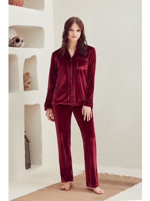 Eros EROS 29660 Kadın Bordo Kadife Önden Düğmeli Gömlek Pijama Takımı