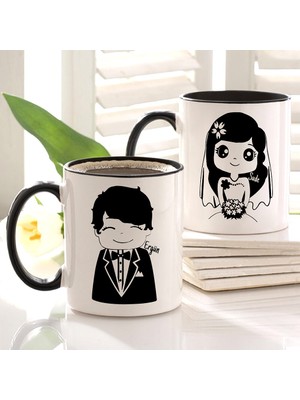 BK Kişiye Özel Ikili Isimli Gelin & Damat Siyah Kupa Bardak