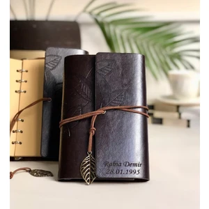 Kişiye Özel Yaprak Tasarımlı Retro Deri Defter  Kalem  Koyu Kahverengi
