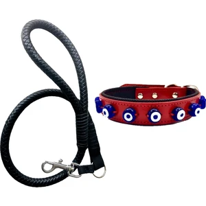 Siyah Deri Örgü Gezdirme Kayışı 90CM ve Hakiki Deri Nazar Boncuklu Köpek Tasması 56X2,5CM 2li Set