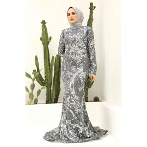 Neva Style Tesettürlü Abiye Elbise - Pul Payet Işlemeli Gri Tesettür Abiye Elbise 951GR