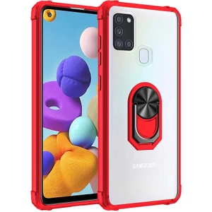 Samsung Galaxy A21S Kılıf Şeffaf Sararmaz Yüzüklü Mola Kapak Kırmızı