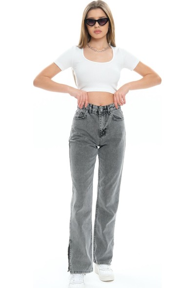 Domoda Beş Cep Yüksek Bel Paçası Yırtmaçlı Mom Fit Jeans Kot Pantolon