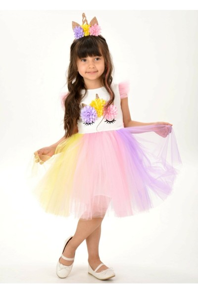 Unicorn Taçlı Rengarenk Kız Çocuk Parti Elbisesi