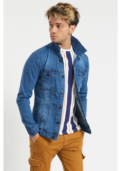 Slim Fit Likralı Erkek Açık Mavi Kot Ceket