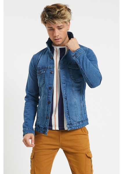 Slim Fit Likralı Erkek Açık Mavi Kot Ceket fiyatları