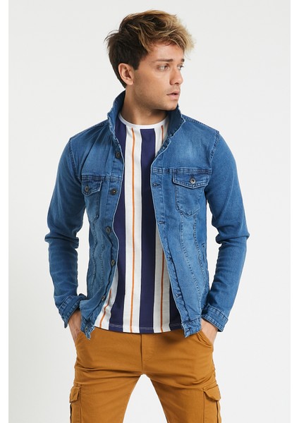 Slim Fit Likralı Erkek Açık Mavi Kot Ceket modelleri