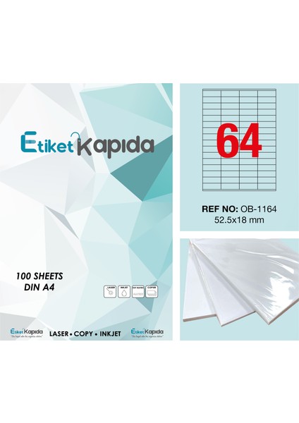 Etiket Kapıda A4 Yapışkanlı Hazır Etiket Laser Etiket 52,5 x 18 mm 100 Sayfa