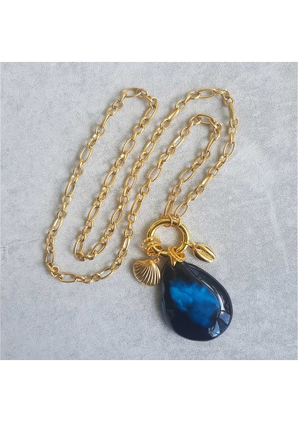 TS001079 - Doğal Akik Taşı D.taş + P.çelik El Işi/tasarım Kadın Kolye 70 cm