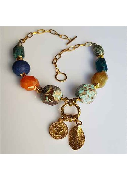 TS001080 - Yeşil Silinidir, Akik Taşı , Mat Lacivert Apatit, Apato Derzi Taşları. Okyanus ,nugget Taşı D.taş + P.çelik El Işi/tasarım Kadın Kolye 44 cm