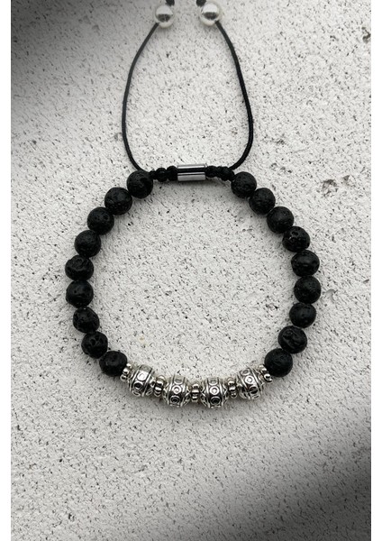 Doğal Taşlı Gümüş Parçalı Siyah-Gümüş Renkli Ayarlanabilir Makrome Erkek Bileklik FRJ11383-1483-A