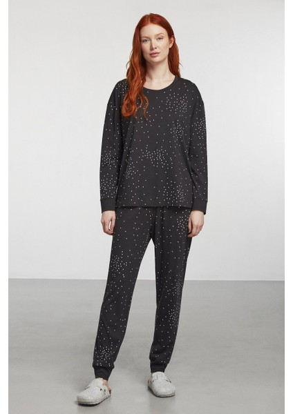 Antrasit Kalp Desenli Örme Pijama Takım