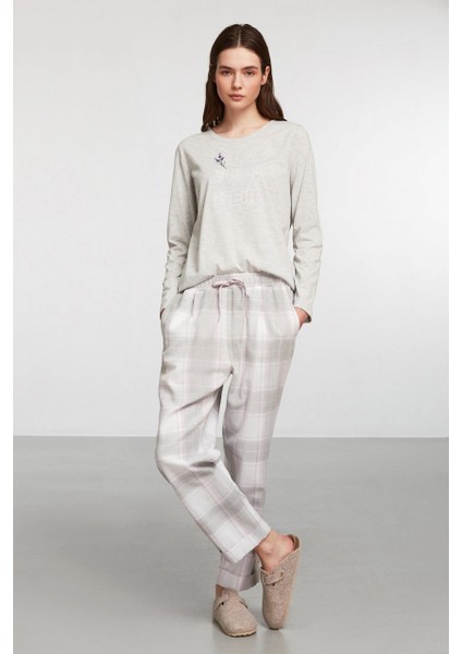 Gri Ekoseli Lavanta Desen Pijama Takım