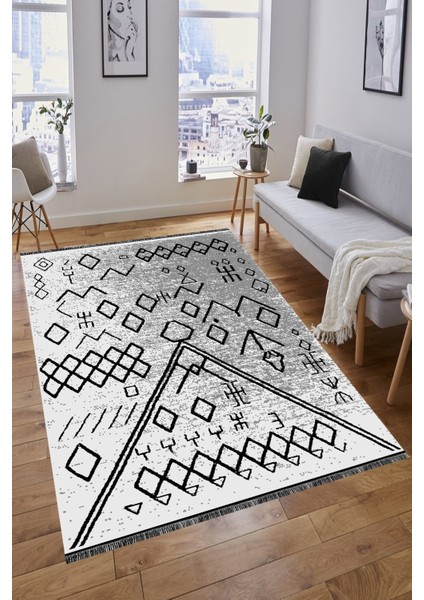 Çift Taraflı Dokuma Kilim - Siyah Beyaz Renk Doğal Kaya Desenli