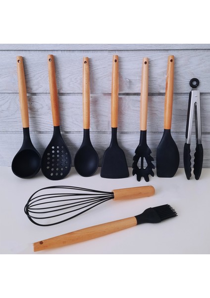9 Parça Bambu Saplı Silikon Servis Seti -Kepçe, Kevgir, Spatula, Kaşık, Spagetti K., Çırpıcı, Maşa