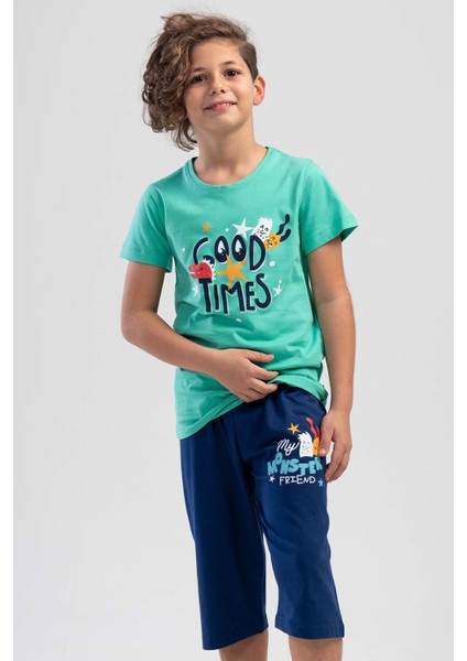 Pamuklu Erkek Çocuk Kısa Kol Kaprili Pijama Takım