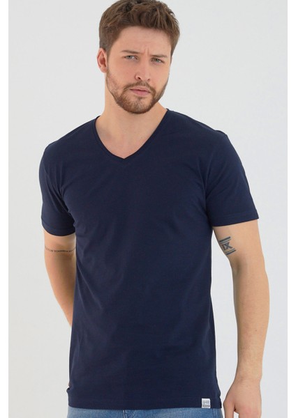 Lacivert Basic Erkek V Yaka Slim Fit Kısa Kollu T-Shirt