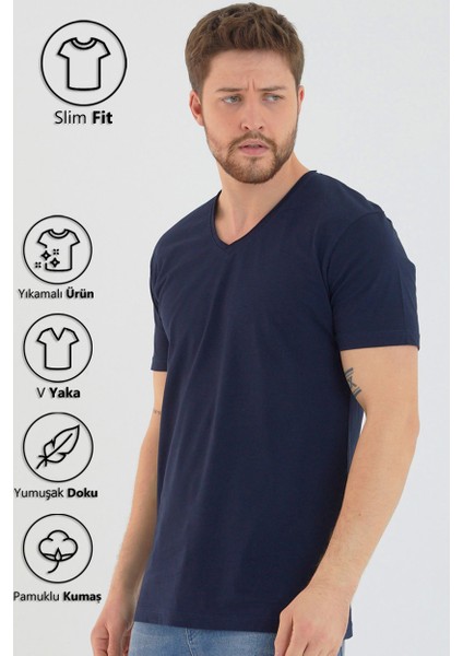 Lacivert Basic Erkek V Yaka Slim Fit Kısa Kollu T-Shirt fırsatları