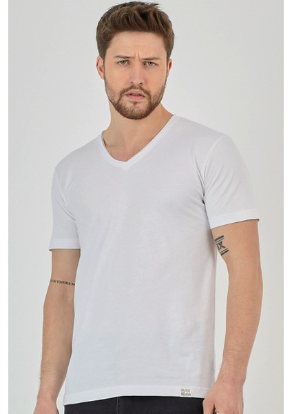 Beyaz Basic Erkek V Yaka Slim Fit Kısa Kollu T-Shirt