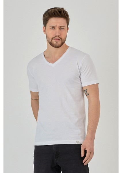 Beyaz Basic Erkek V Yaka Slim Fit Kısa Kollu T-Shirt