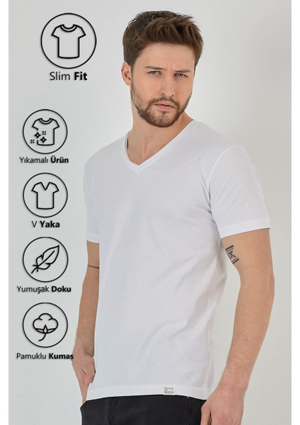 Beyaz Basic Erkek V Yaka Slim Fit Kısa Kollu T-Shirt