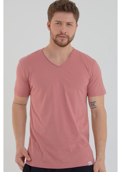 Gül Kurusu Basic Erkek V Yaka Slim Fit Kısa Kollu T-Shirt
