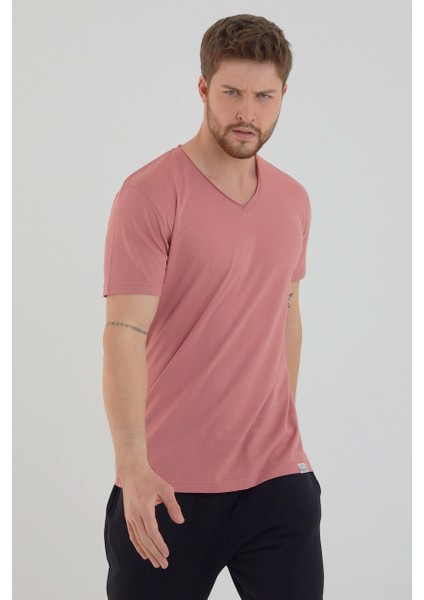 Gül Kurusu Basic Erkek V Yaka Slim Fit Kısa Kollu T-Shirt modelleri